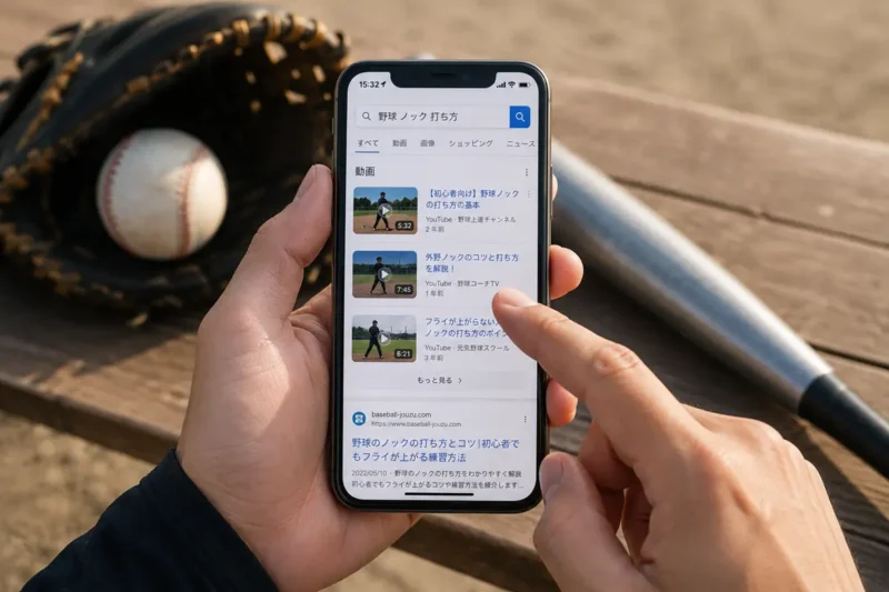 野球ノックの打ち方をスマホで検索する様子